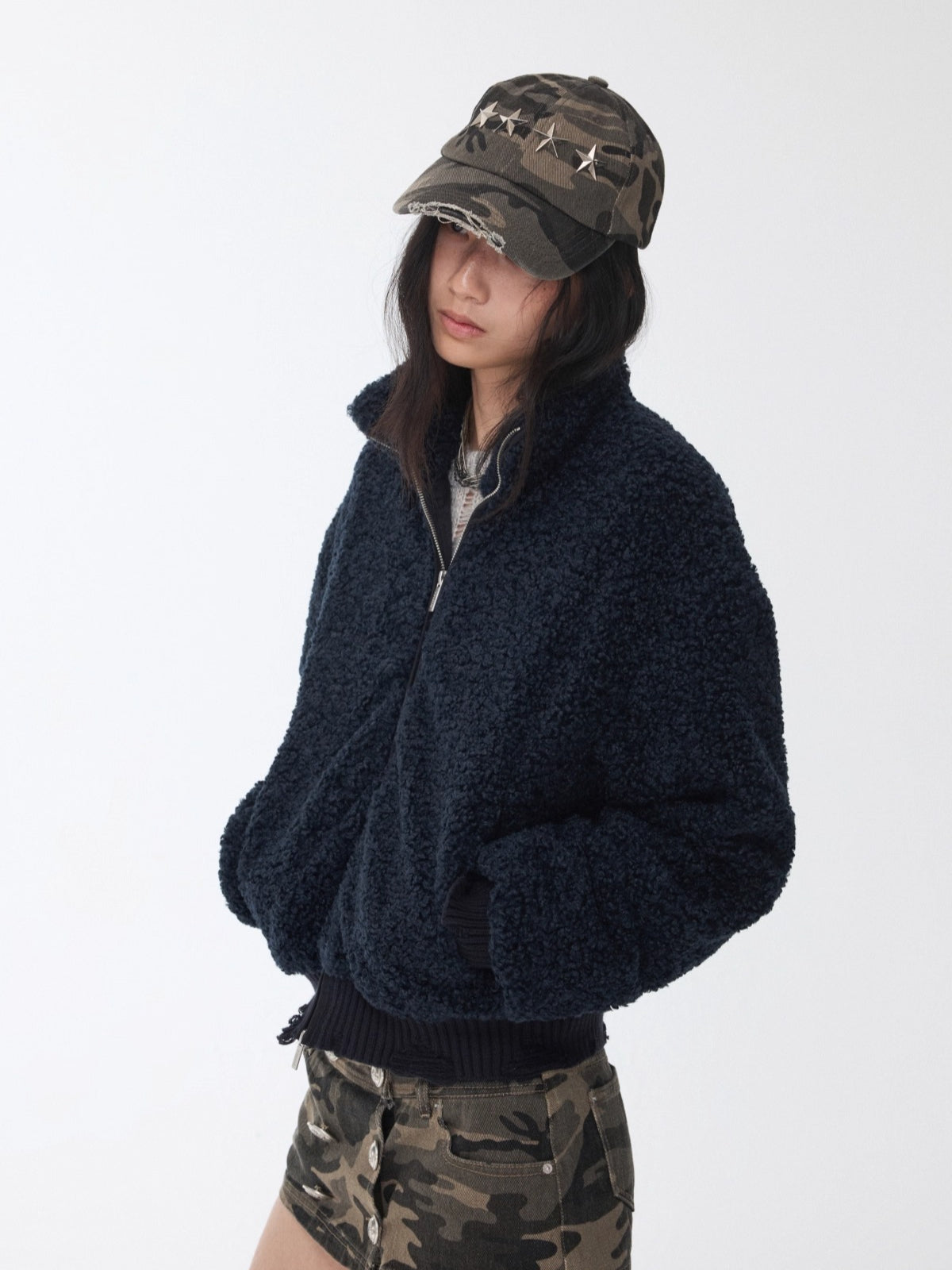 Distressed Fleece Zip-Up Cropped Jacket
