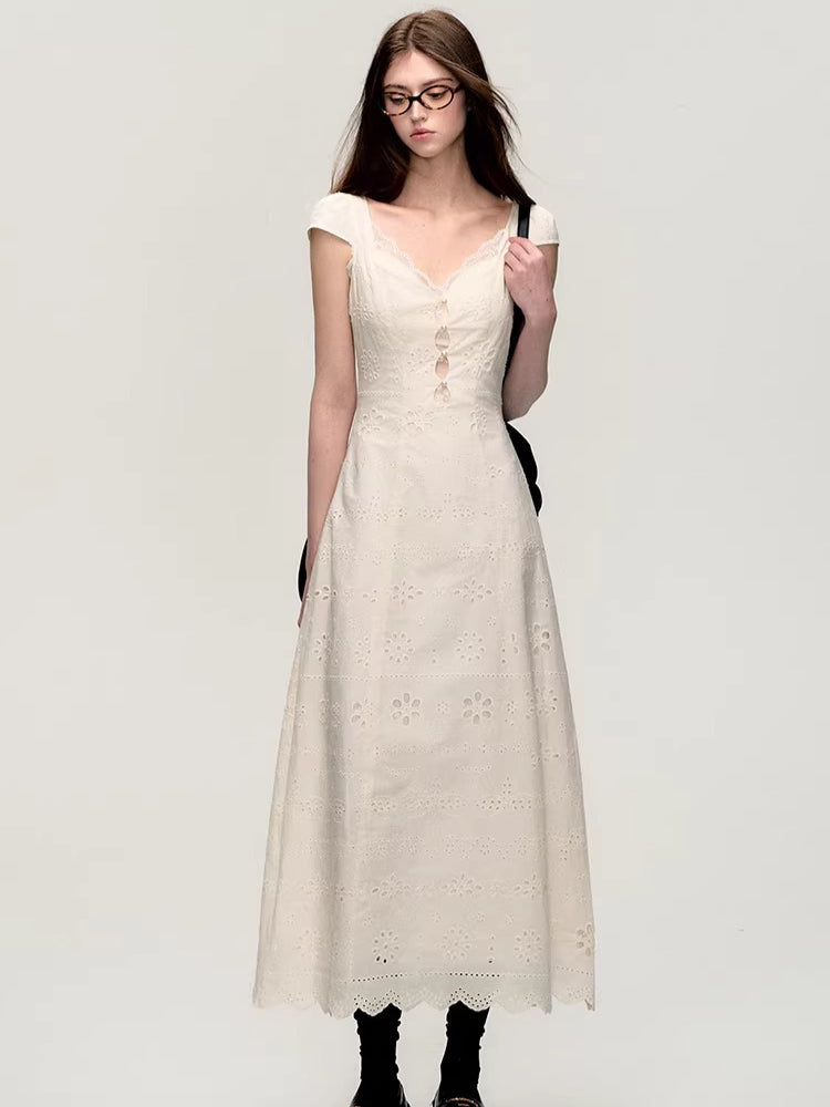 Cream White Lace-Panel Slim Fit Textured Dress