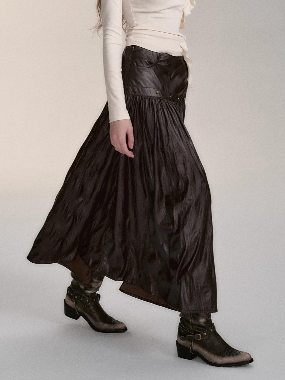 Dark Coffee PU Midi Skirt - CHINASQUAD