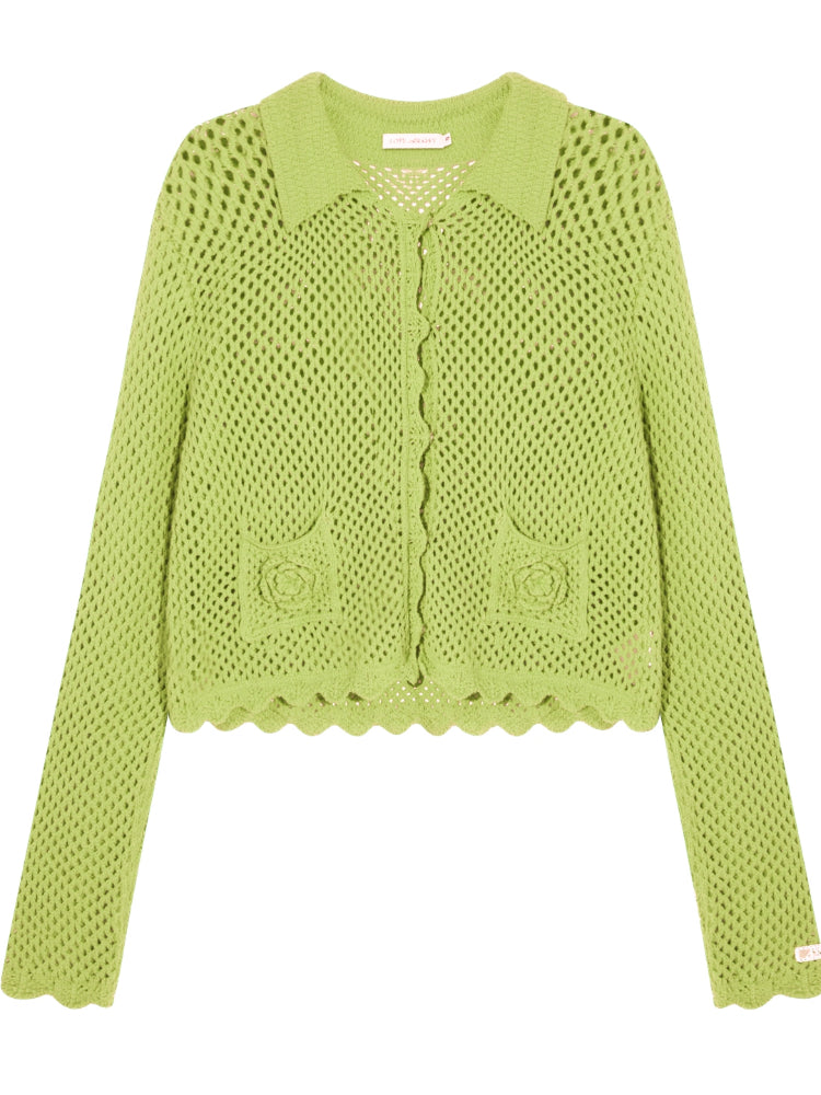 Hollow-out 3D Flower Crochet Lapel Cardigan - CHINASQUAD