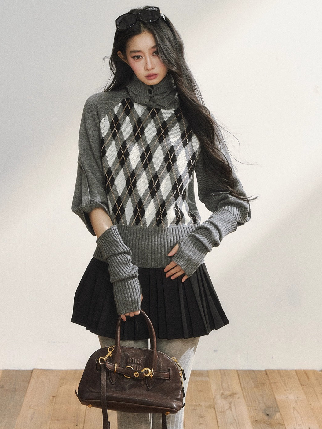 Vintage Argyle Knit Turtleneck Sweater & Skirt Set