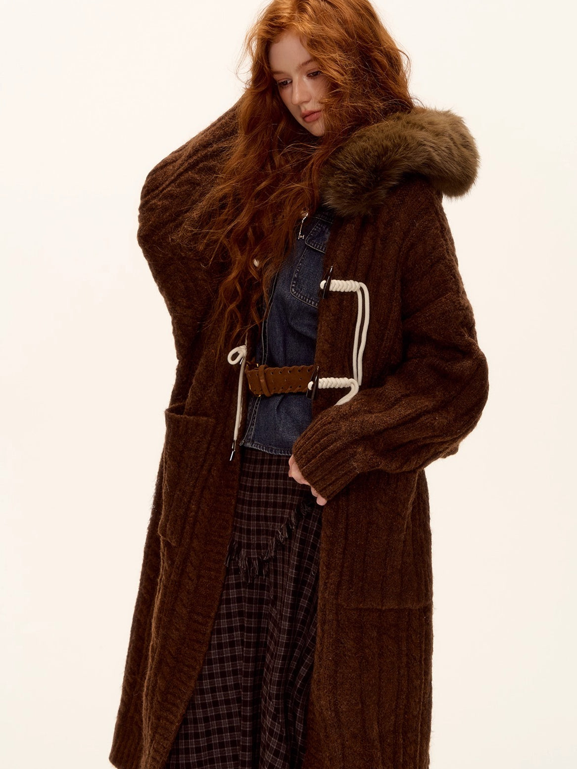 Detachable Fur Collar Cable-Knit Duffle Coat