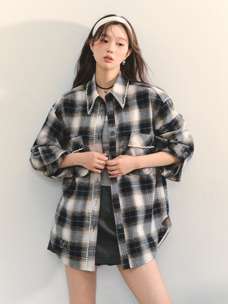Pearl-Trimmed Polo-Neck Checkered Shirt - CHINASQUAD