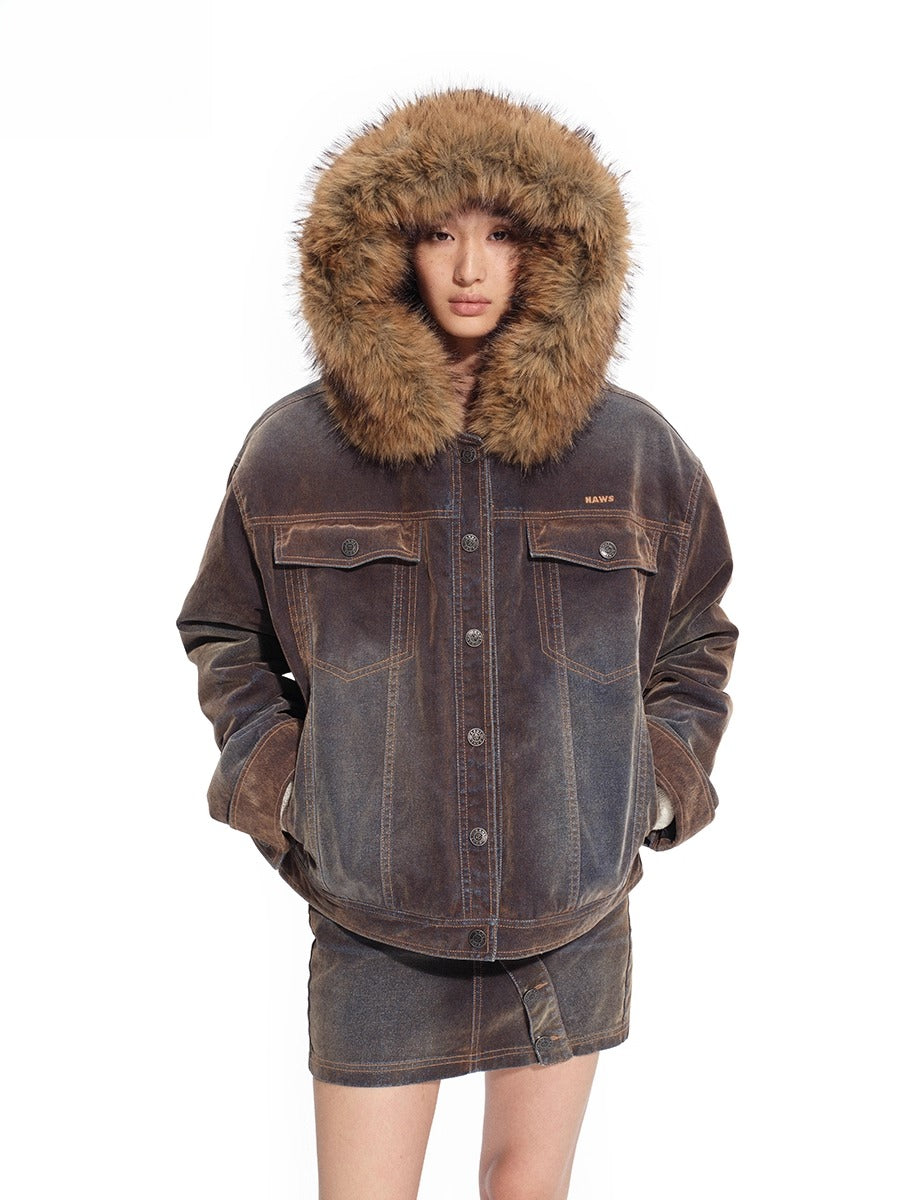 Ross Oversized Washed Eco Fox Fur Collar Denim Jacket