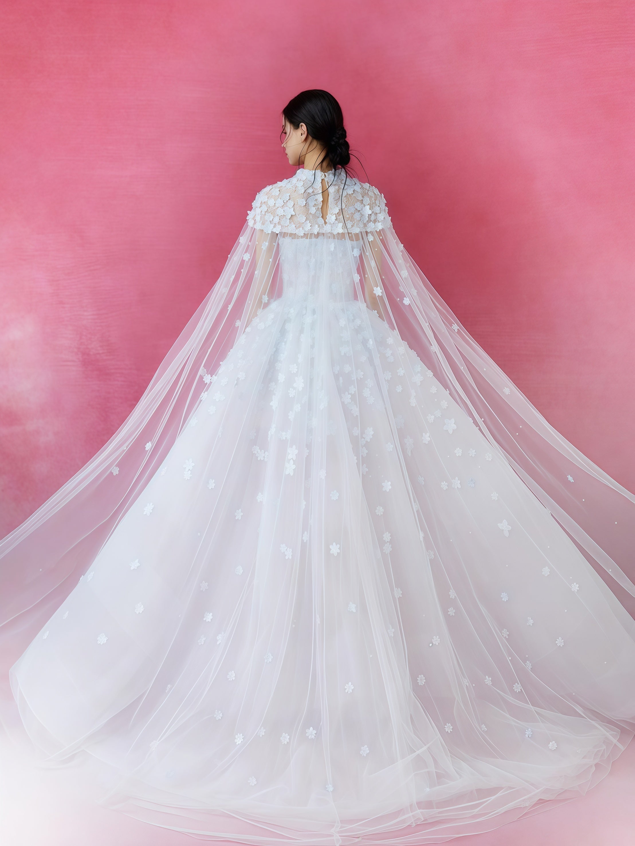 Celestial Blue Floral Appliqué Tulle Ball Gown with Sheer Cape
