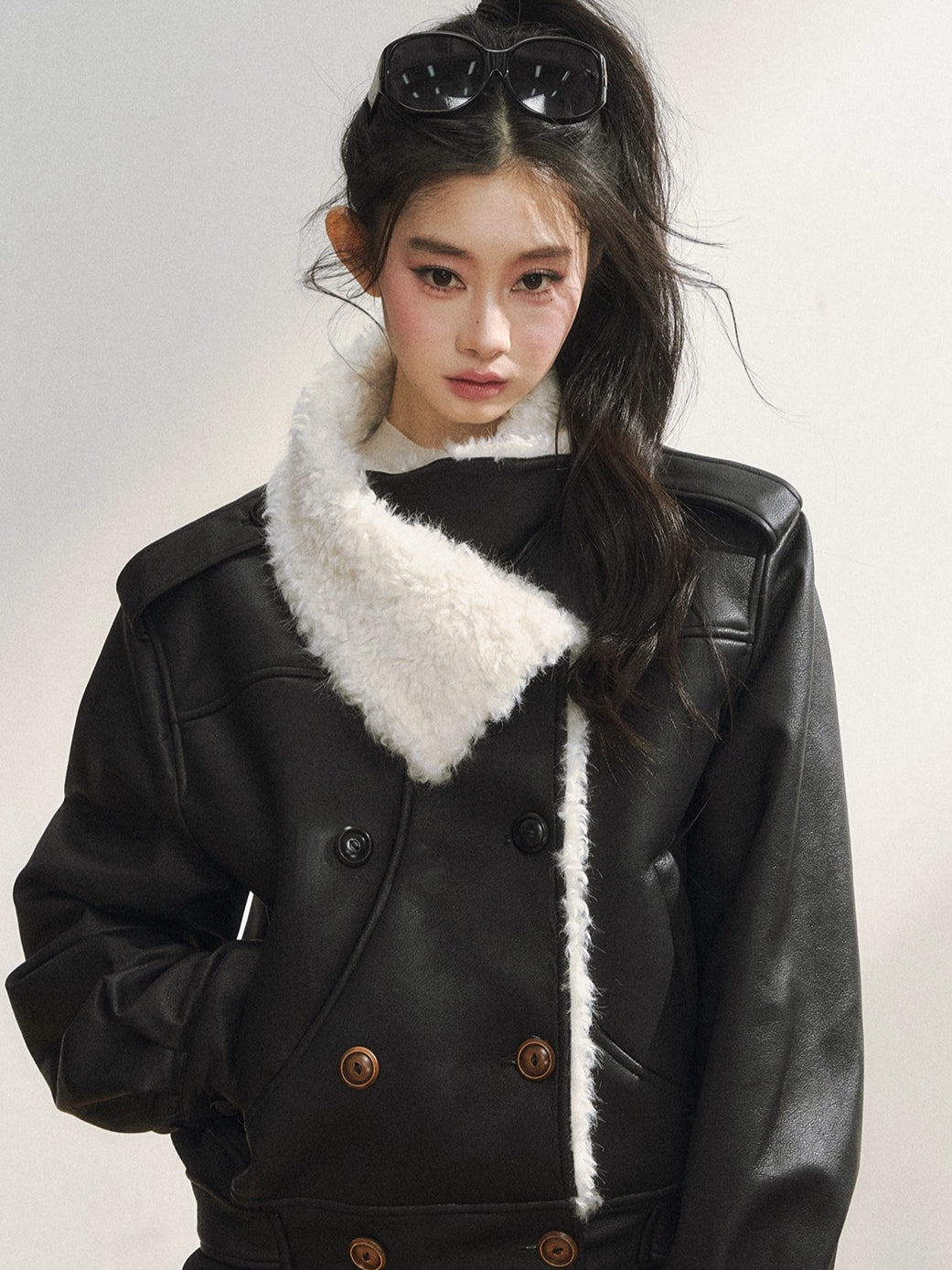 Black Faux Shearling Double-Breasted Leather Jacket