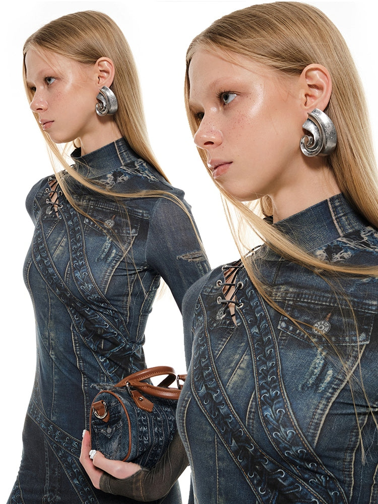 Denim Blue & Black Floral Print Long Dress - CHINASQUAD