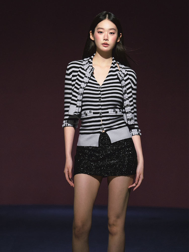 Contrast Stripe Halter Camisole Tank Top & Cardigan Set - CHINASQUAD