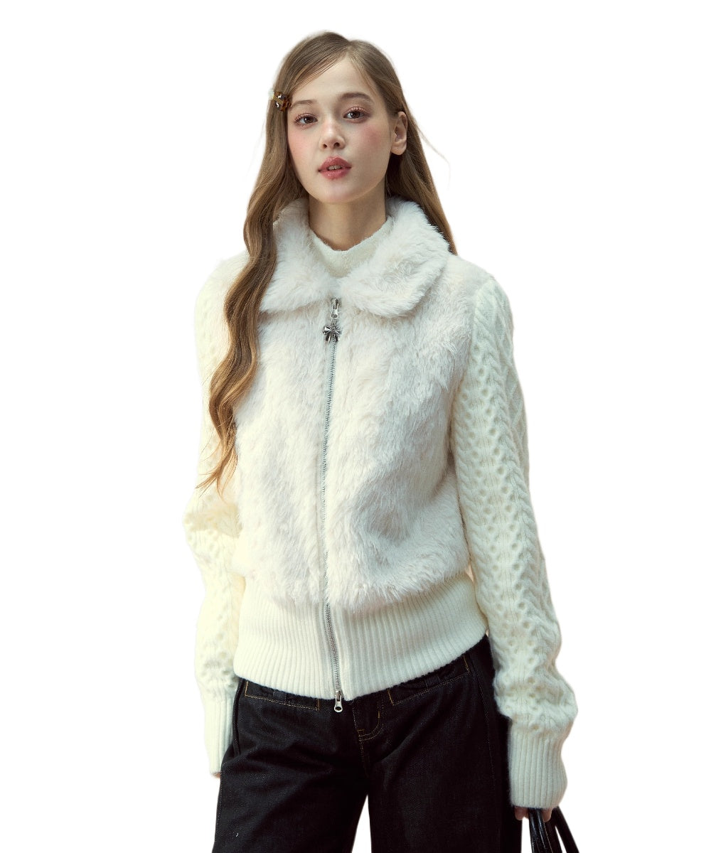 Snowland Lover Faux Fur Knit Panel Jacket - CHINASQUAD