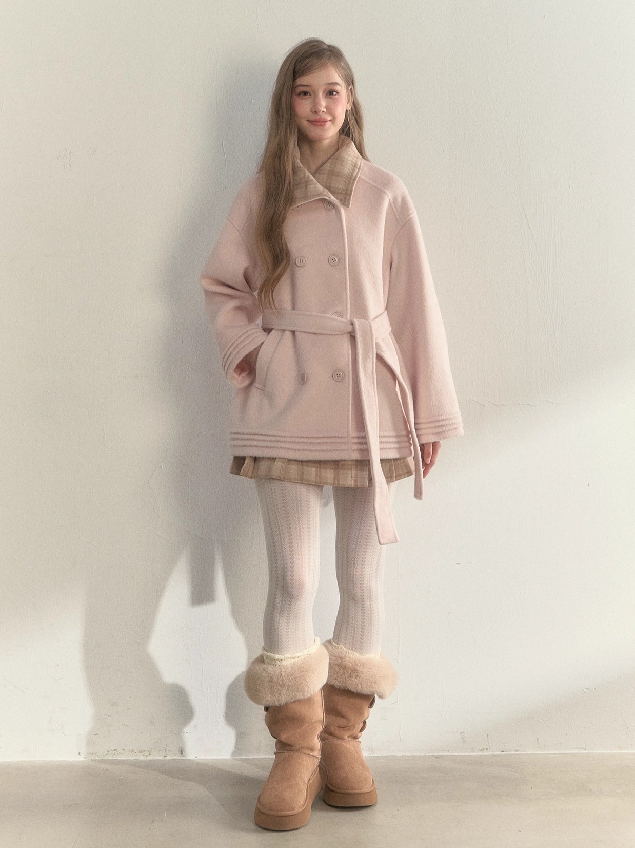 Khaki & Misty Pink Plaid Collar & Belt Wool Coat