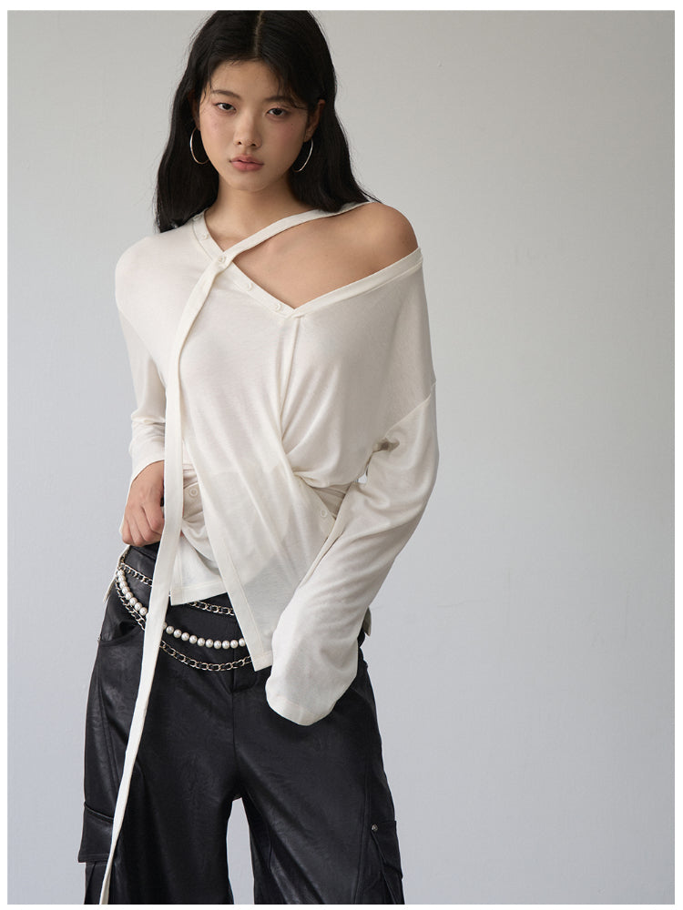 V-Neck Drawstring Waist Buttoned Blouse - CHINASQUAD