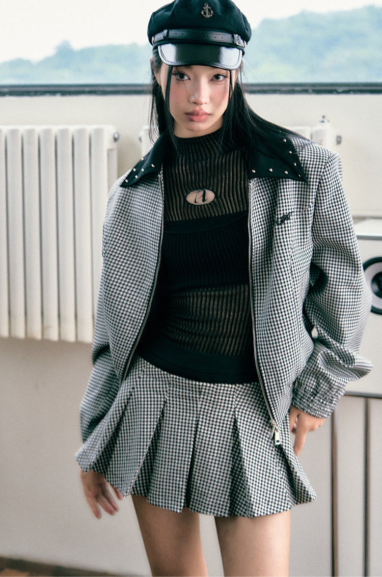 Silhouette Flight Jacket with Plaid Skirt Set - CHINASQUAD