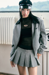 Silhouette Flight Jacket with Plaid Skirt Set - CHINASQUAD