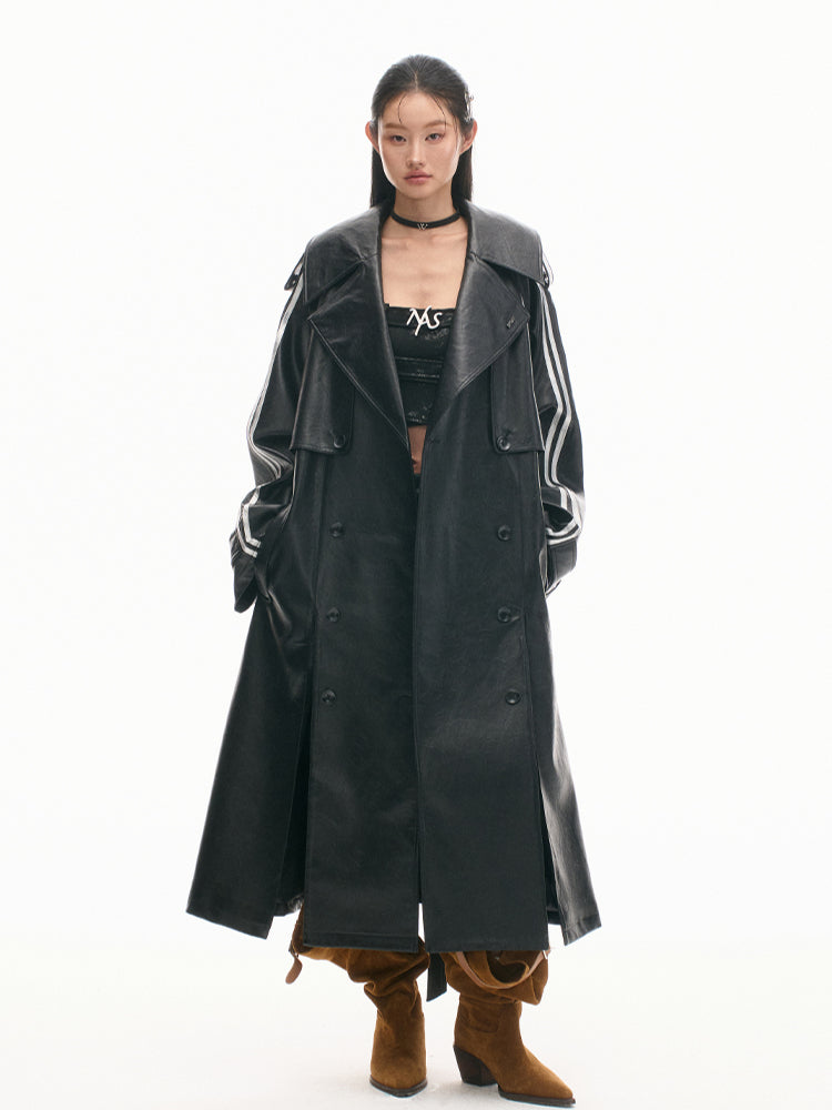 Textured Relaxed Fit Leather Trench Coat - CHINASQUAD