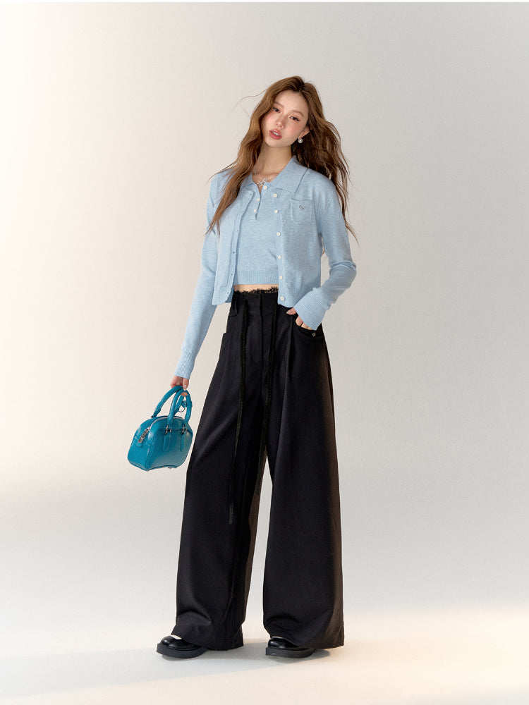 Lace Spliced High-Waisted Straight-Leg Wide Pants - CHINASQUAD