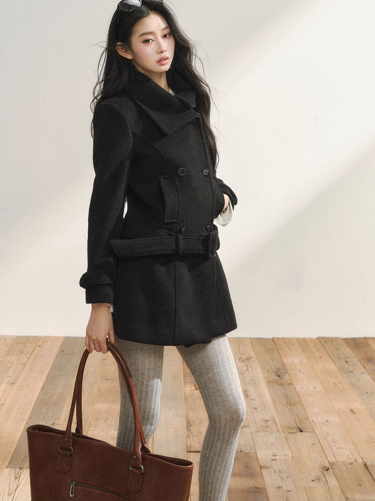 Black Wool-Blend Detachable Hem Double-Breasted Coat
