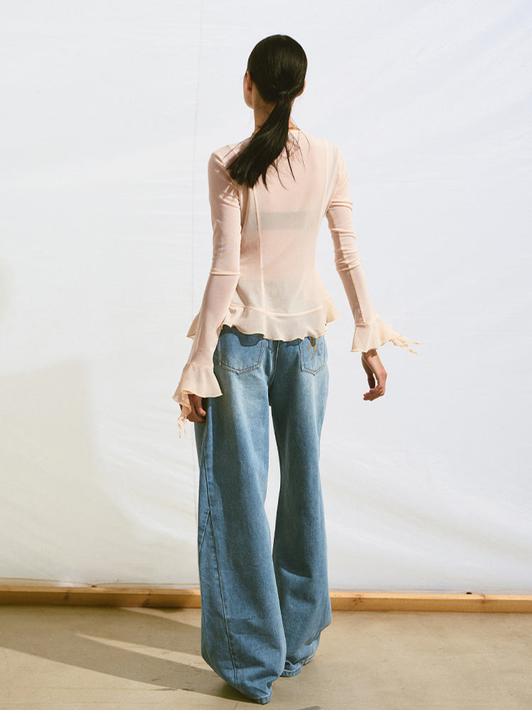 V-Neck Ruffle Mesh Overlay Top - CHINASQUAD