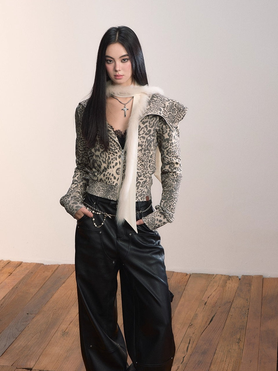 Leopard Print Street-Style Zip-up Hoodie