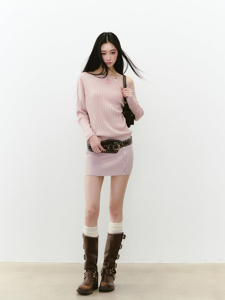 Off-Shoulder Slant Shoulder Button Dress - CHINASQUAD