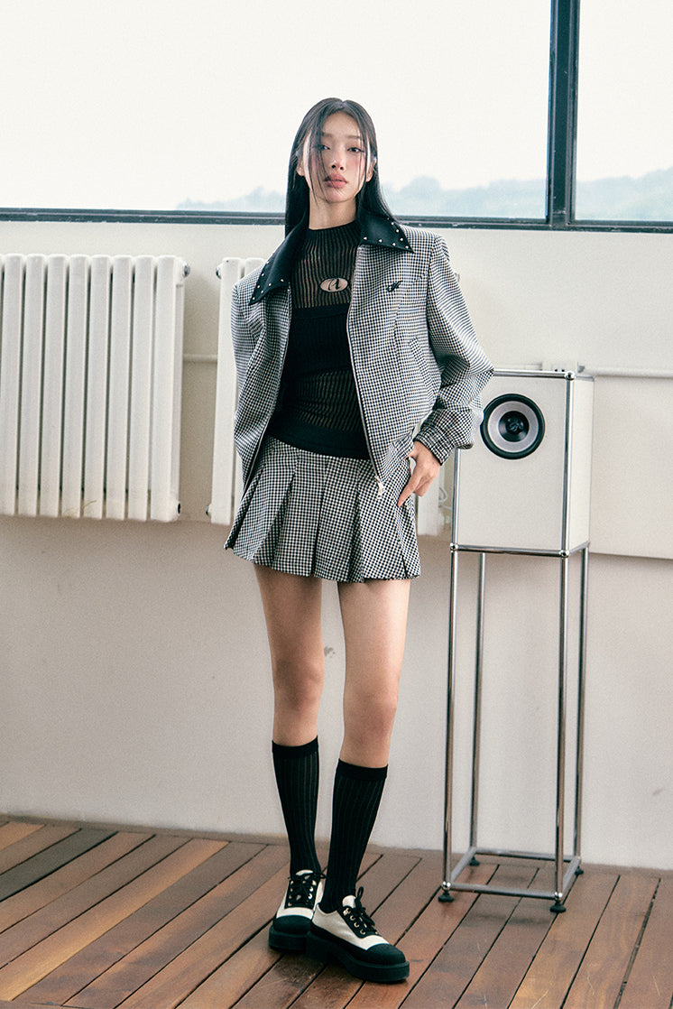 Silhouette Flight Jacket with Plaid Skirt Set - CHINASQUAD