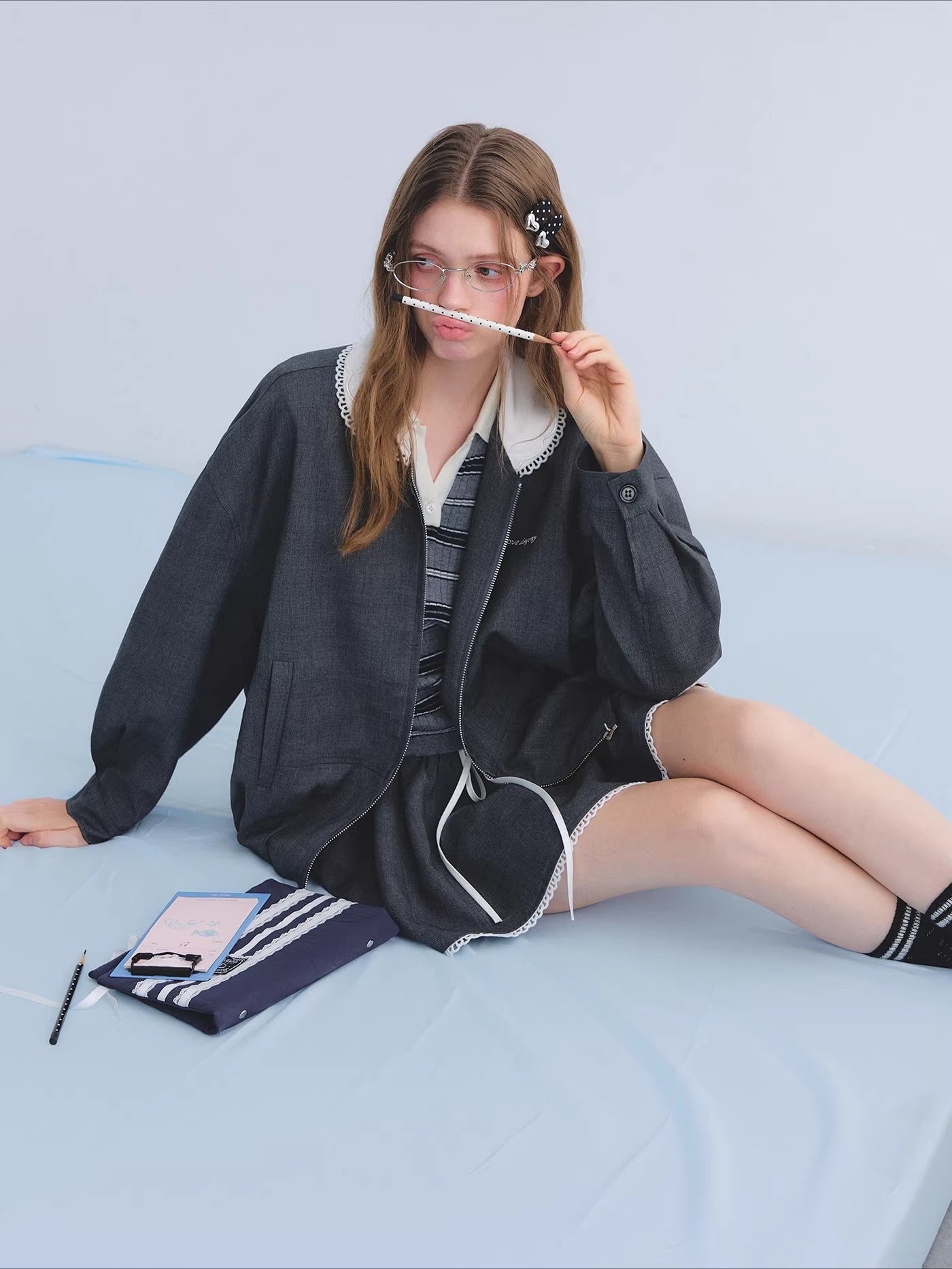 Ruffle Collar Cropped Peplum Jacket Set