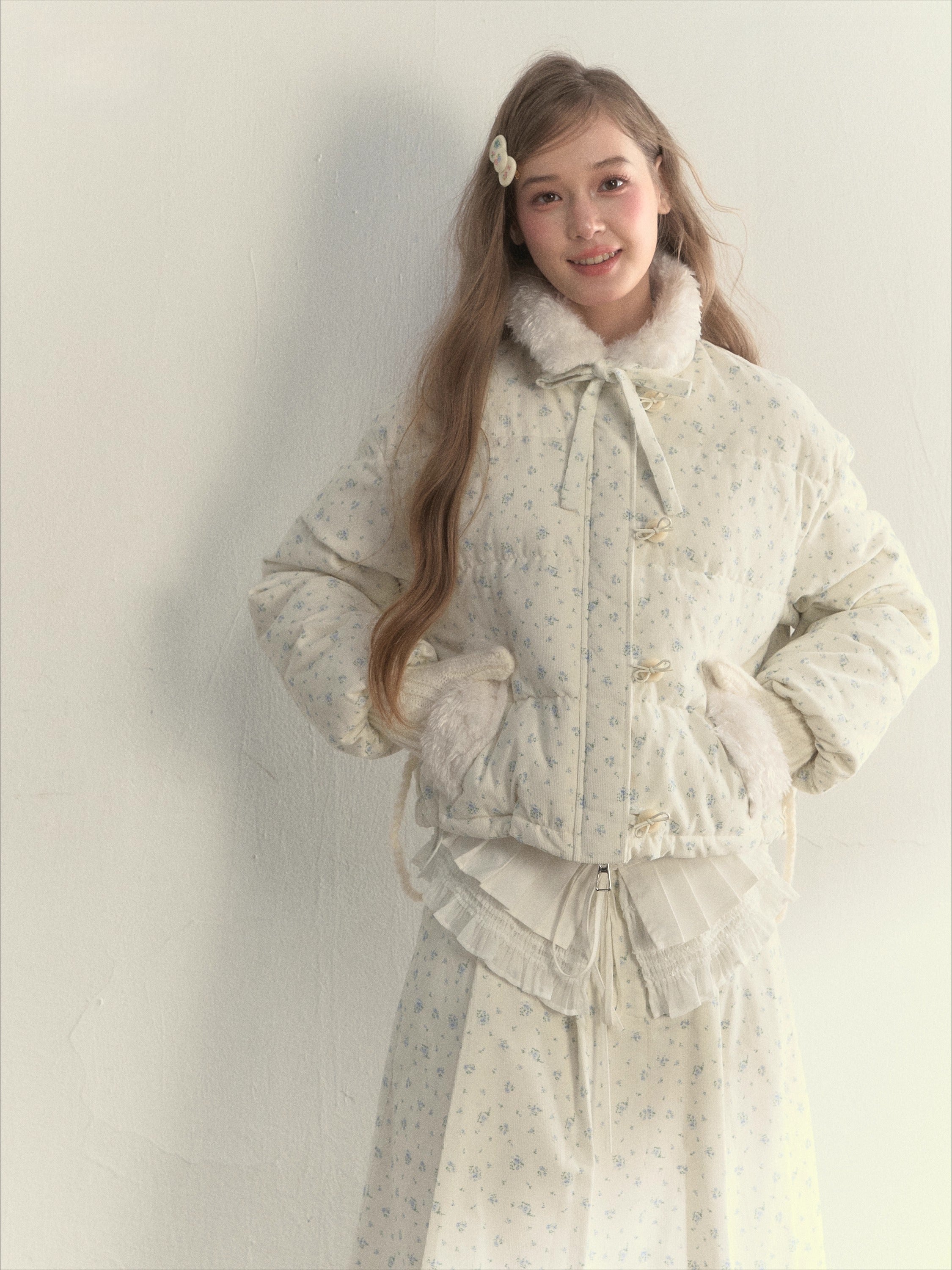Floral Corduroy Puffer Jacket & Pleated Skirt Set