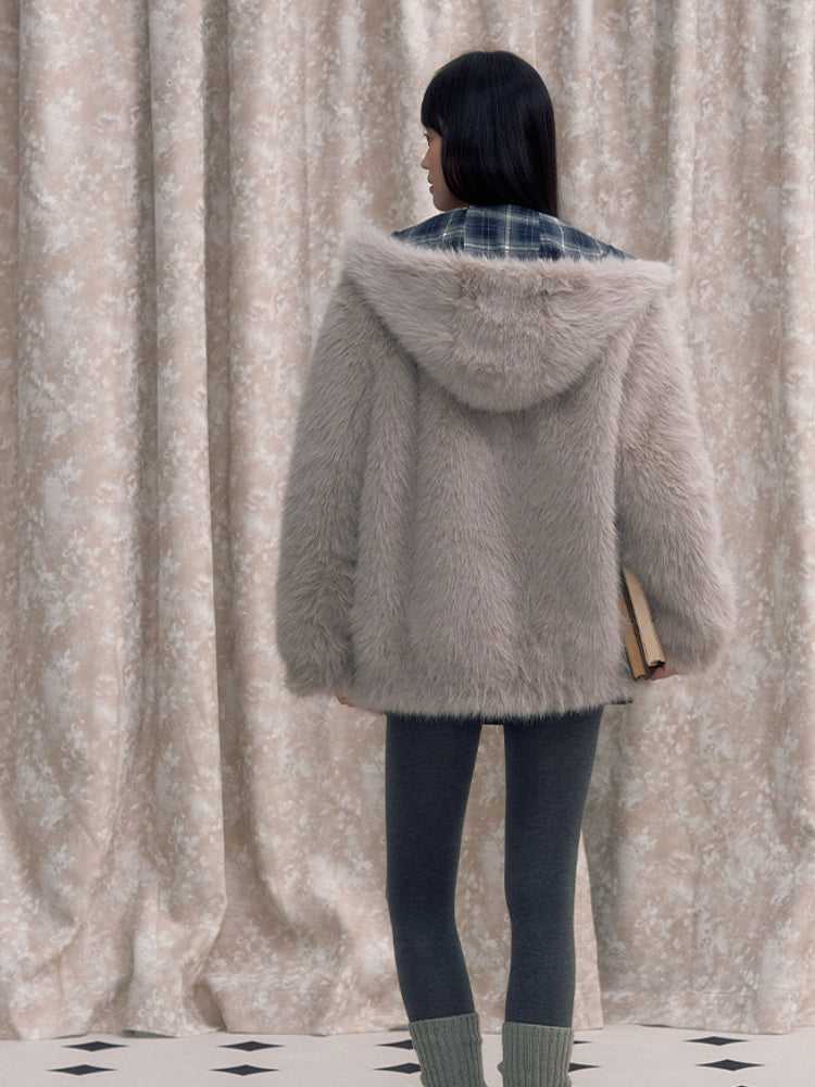 Plaid Spliced Eco-friendly Faux Fur Coat - CHINASQUAD