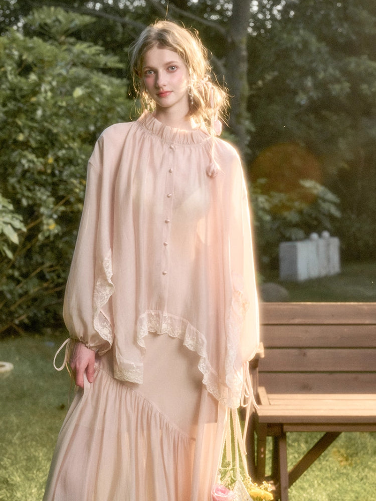 Lace Round Neck Trimmed Shirt - CHINASQUAD