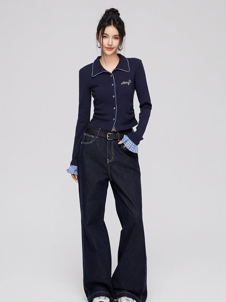 Plaid Splicing Knit Blouse - CHINASQUAD