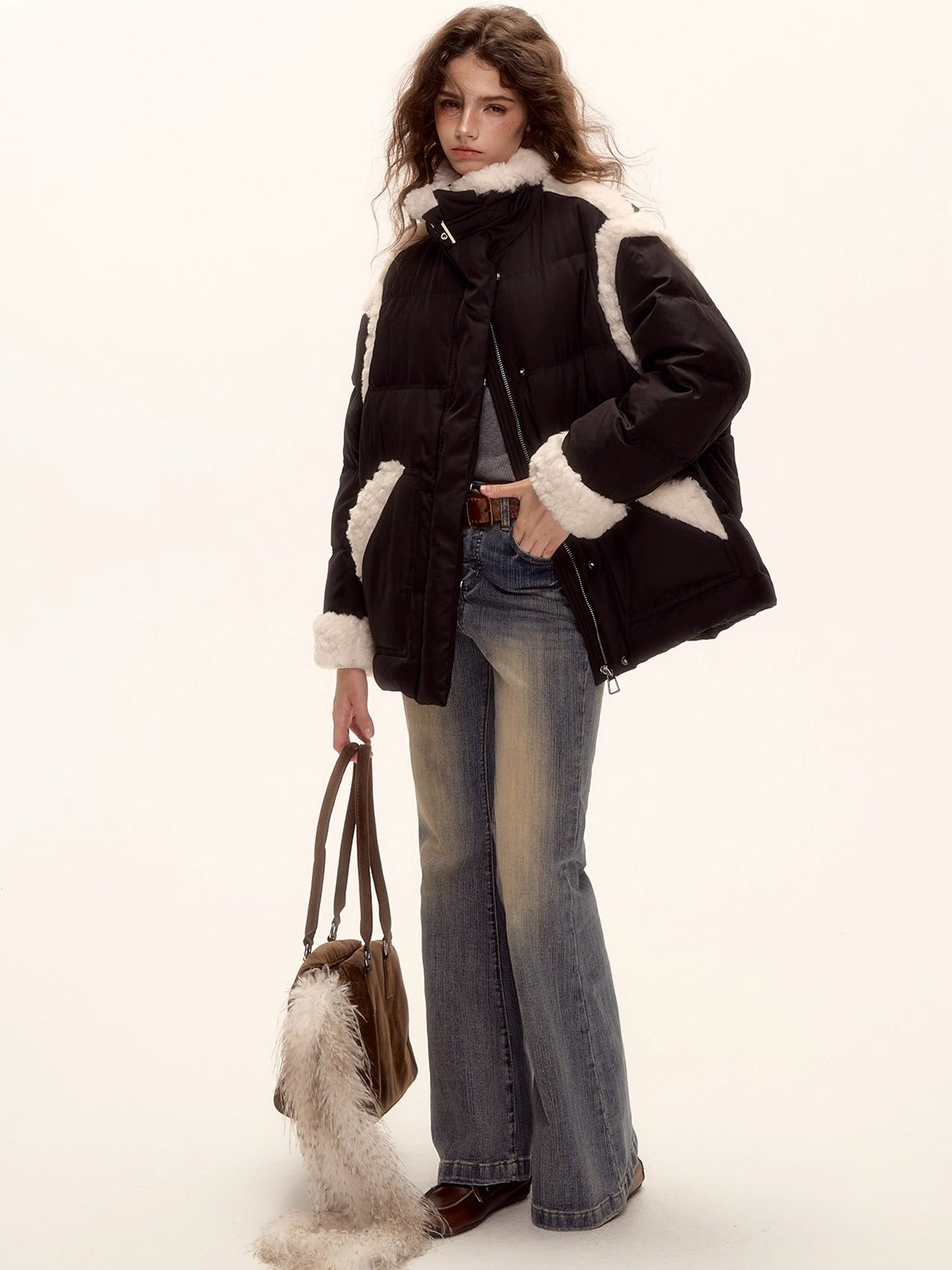 Faux Shearling Panel Down Jacket