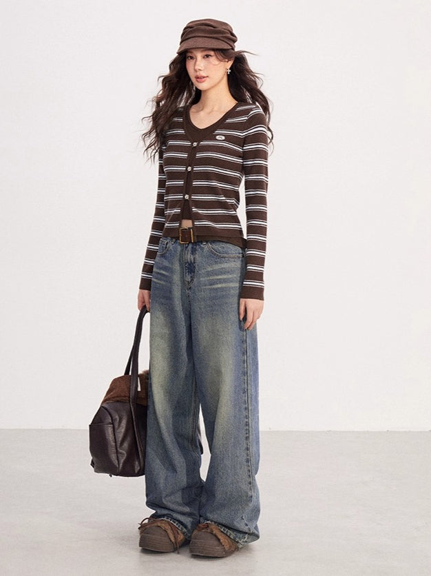 Layered-Effect Striped Knit V-Neck