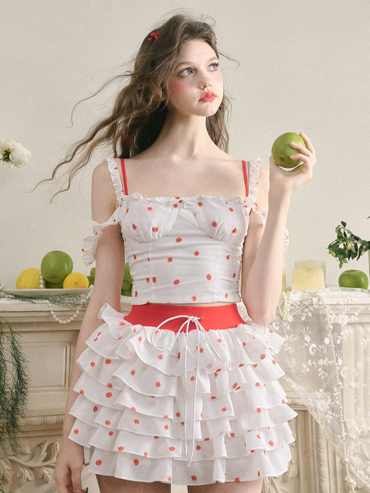 White Tomato Print Layered Skirt - CHINASQUAD