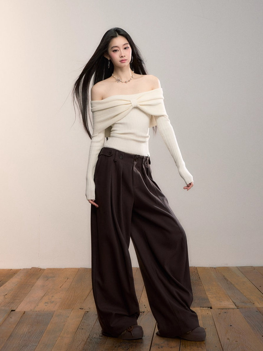 Off-Shoulder Bow Detail Knit Crewneck