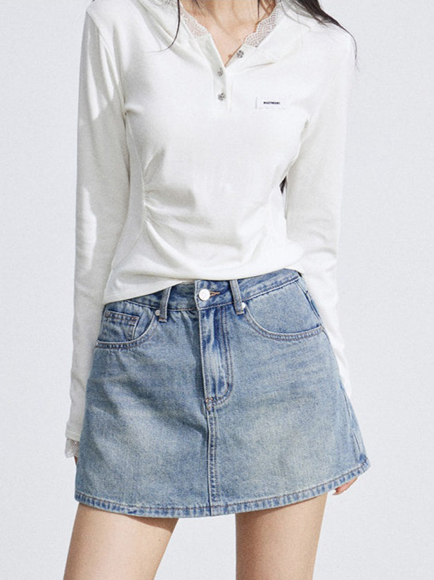 Lace Hooded Slim-Fit Long Sleeve T-Shirt
