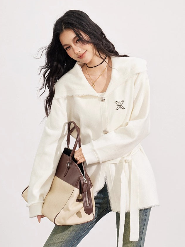 Belted Oversized Collar Knit Coat - CHINASQUAD