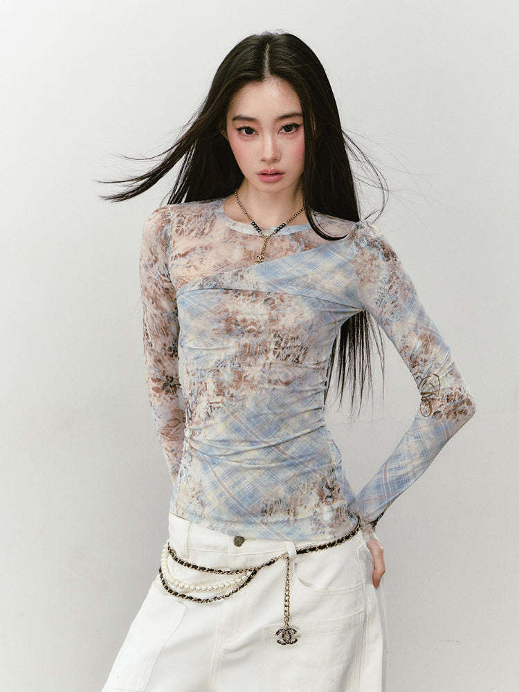 Printed Mesh Contrast-colored Long-sleeve T-shirt - CHINASQUAD