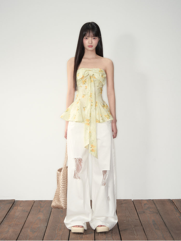 White Lace Splicing Denim Wide-Leg Pants - CHINASQUAD