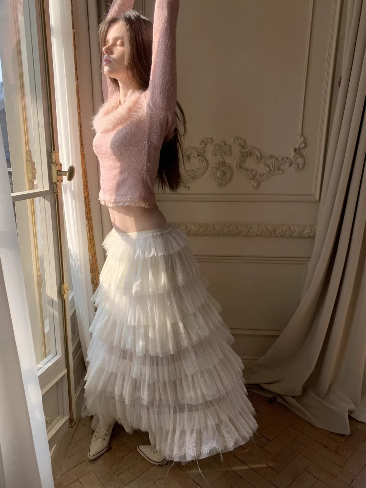 Off-Shoulder Sequin Knit Crewneck