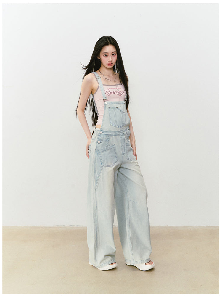 Washed Light Blue Denim Overalls - CHINASQUAD