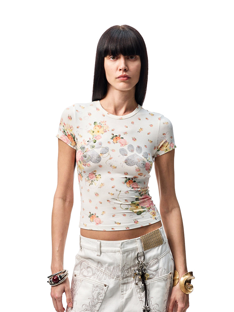 Floral Print Rhinestones Regular-shoulder T-shirt - CHINASQUAD