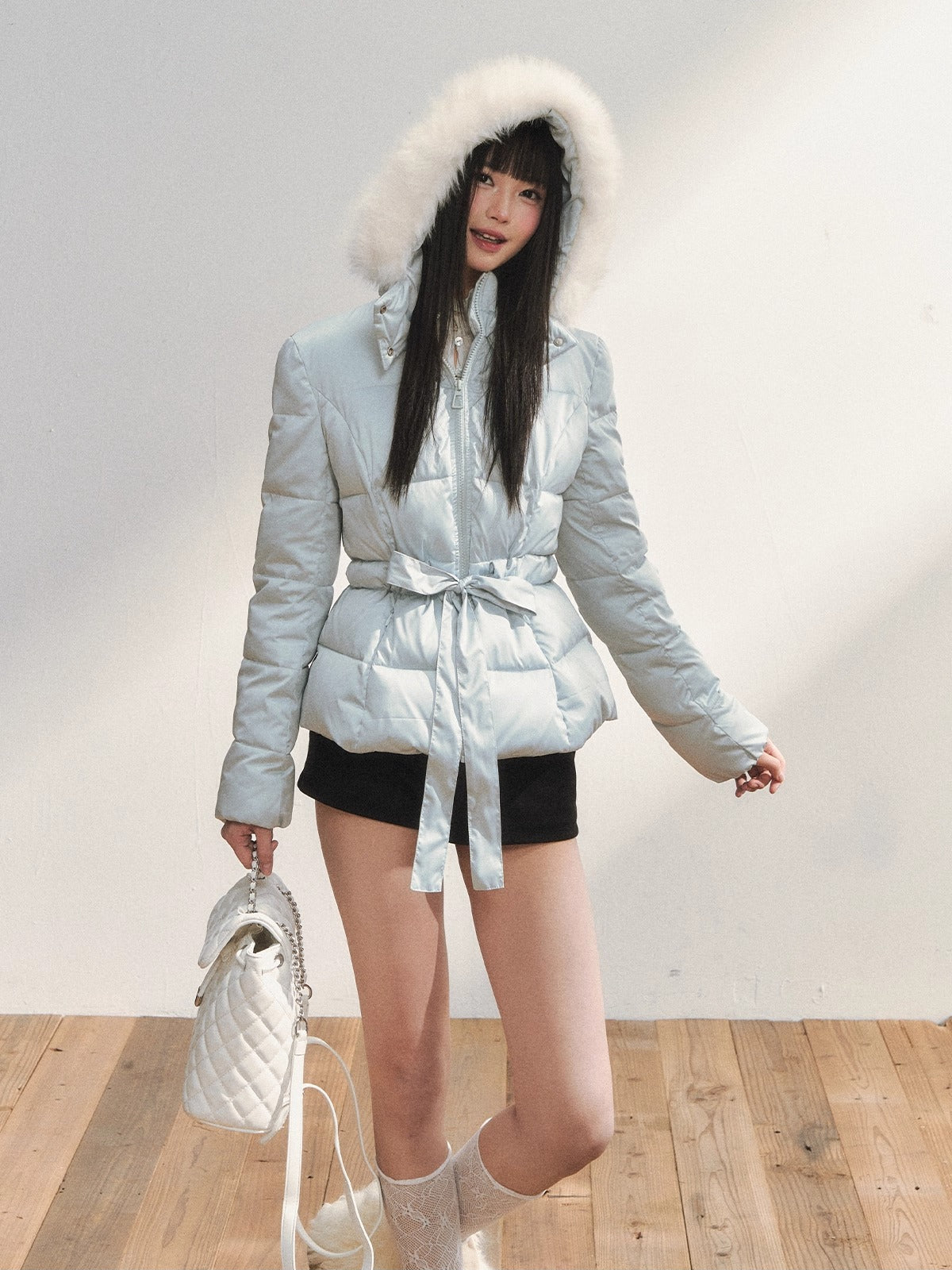 Two-Tone Belted Detachable Fur Hood Down Jacket