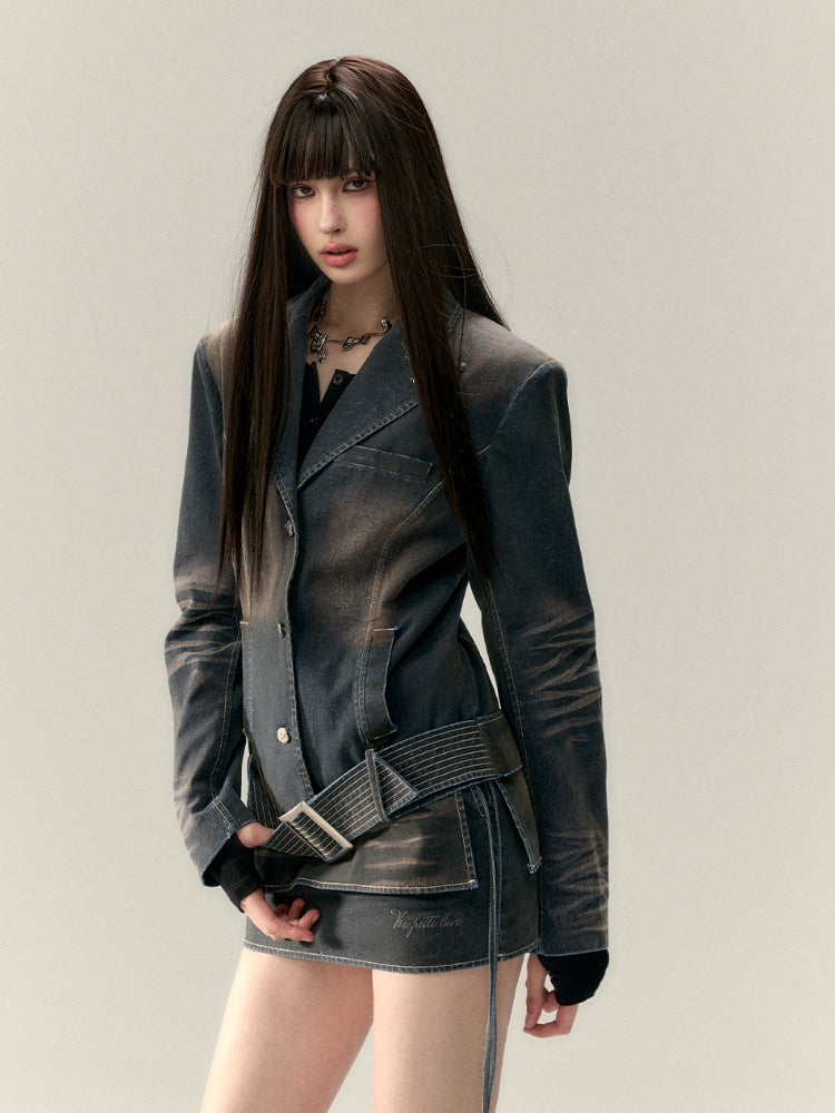 Wide Waist Belt Denim Blazer - CHINASQUAD