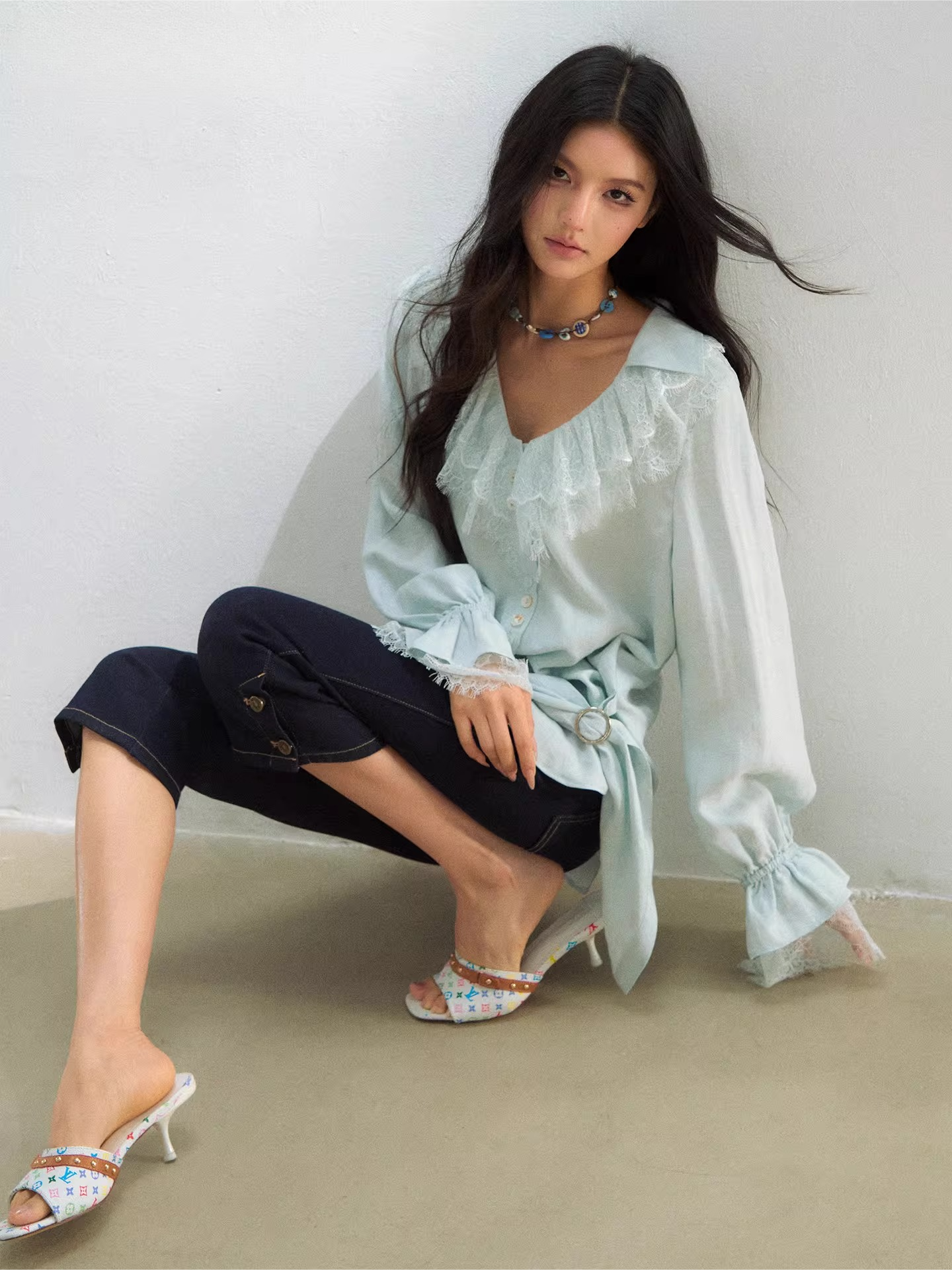 Lace Trim Relaxed Lyocell Blouse