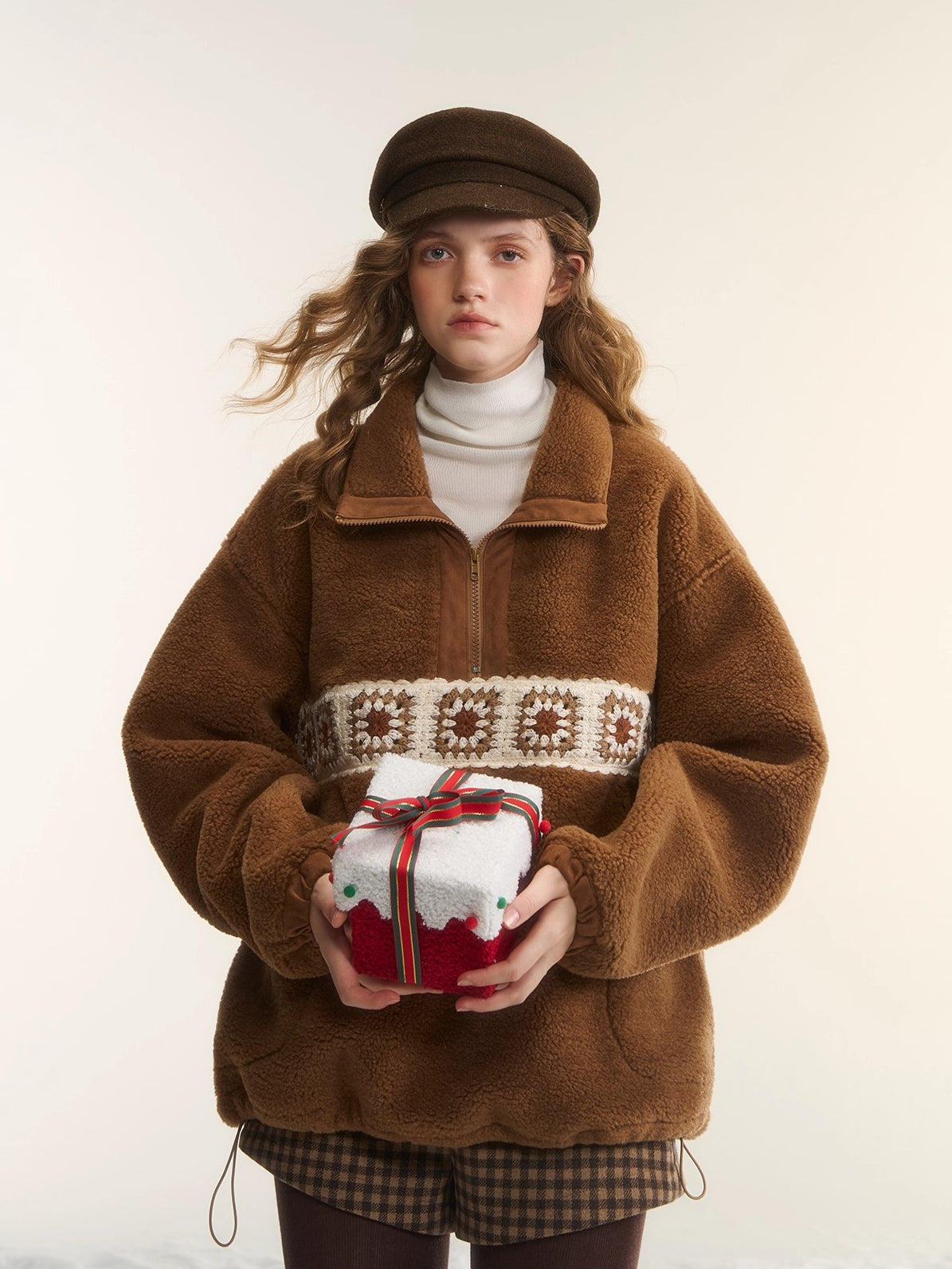 Patchwork Teddy Fleece Zip-Up Sweater