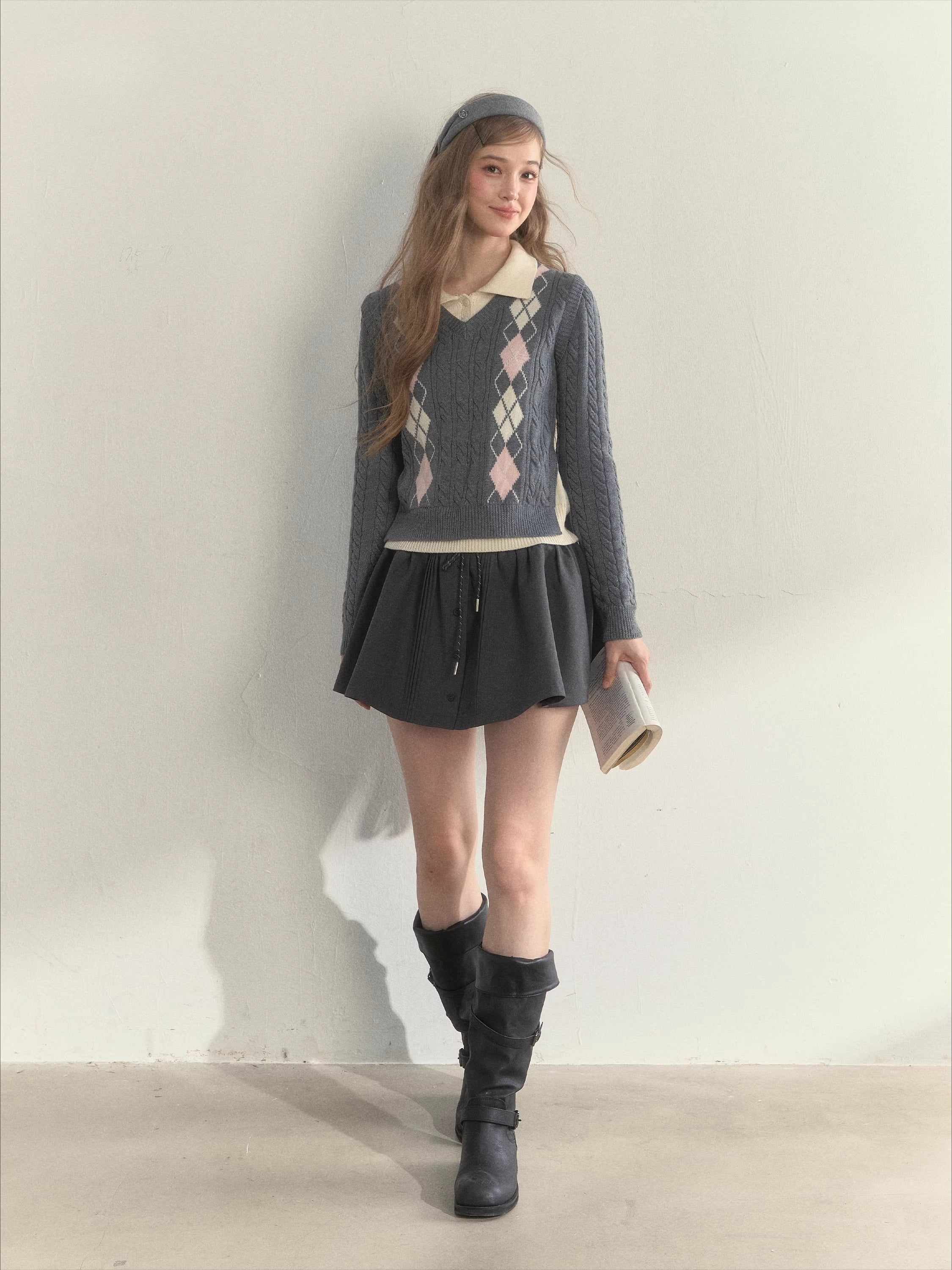 Vintage Argyle Cable Knit Layered Sweater