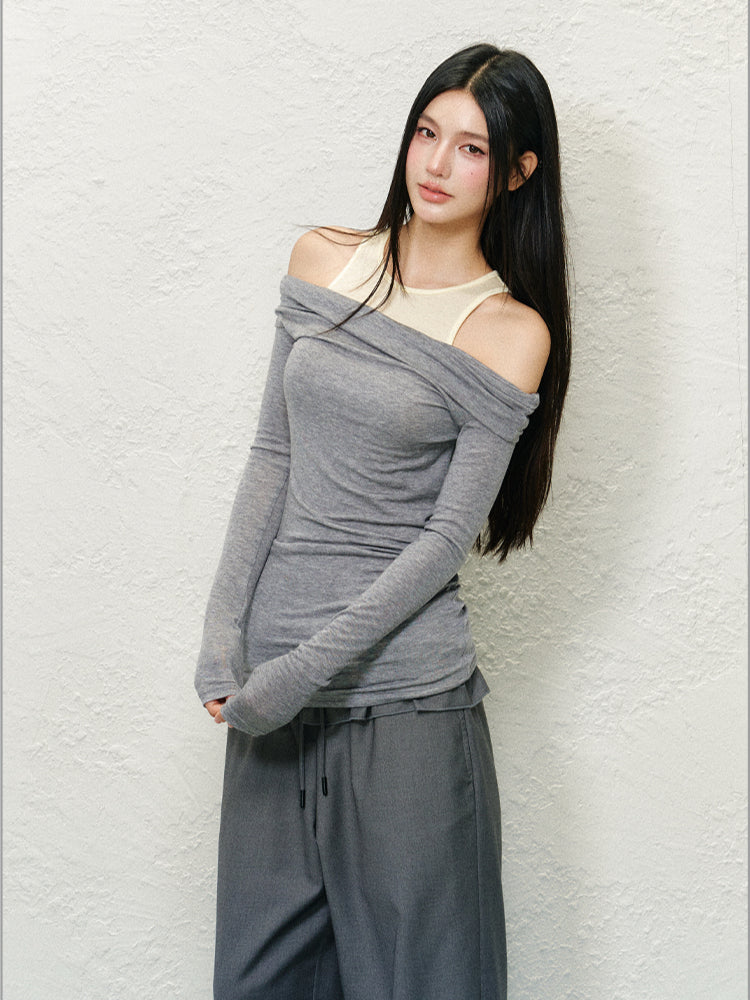 Fake Two-Piece Off-Shoulder Colorblock T-shirt - CHINASQUAD