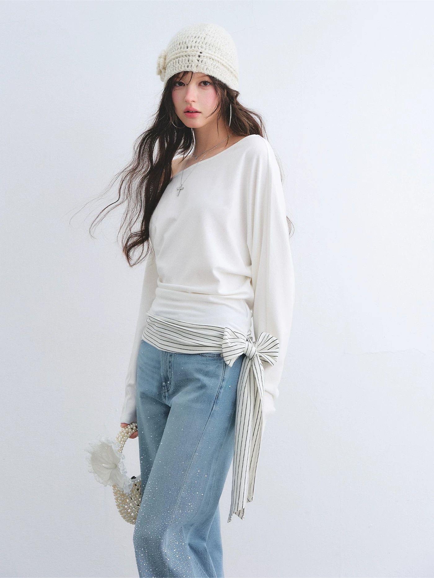 Asymmetric Batwing Sleeve Striped Tie-Hem Long Sleeve Top