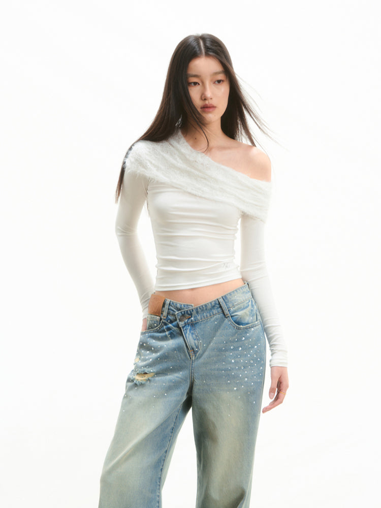 Lace-Trim Off-Shoulder T-shirt - CHINASQUAD