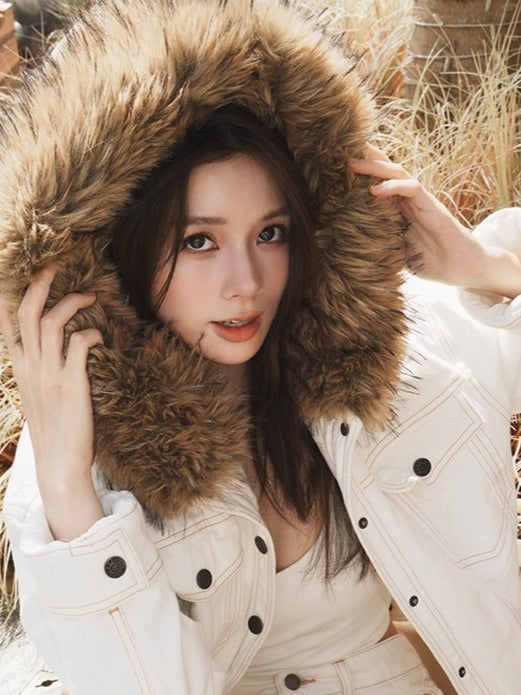 Polar Cotton Eco Fox Fur Collar Denim Jacket