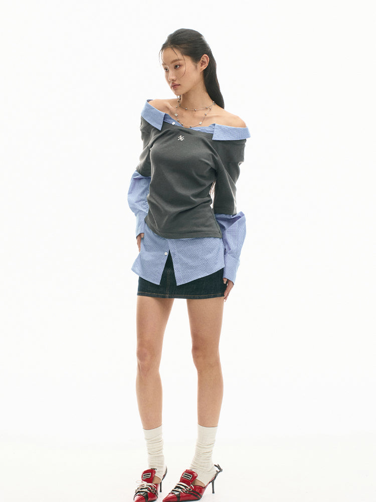Off-shoulder Slimming Shirt Patchwork T-shirt - CHINASQUAD